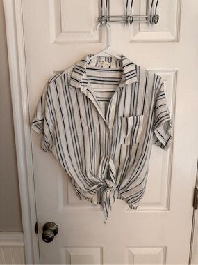 bohme White and Navy Striped Button Down Tie Front Shirt